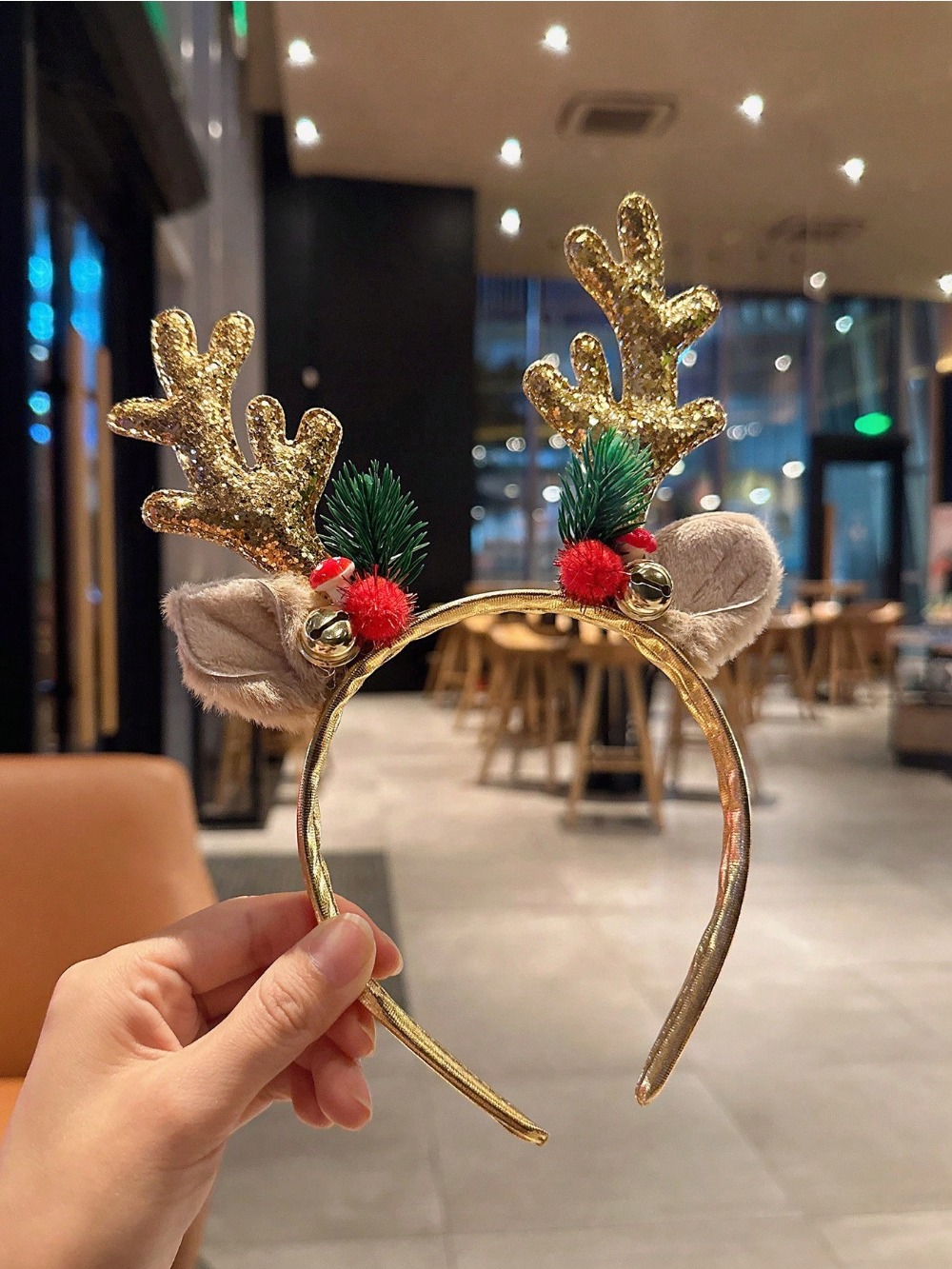 Reindeer Antlers Headband - 1pc 골드 스팽글 버섯 크리스마스 머리띠